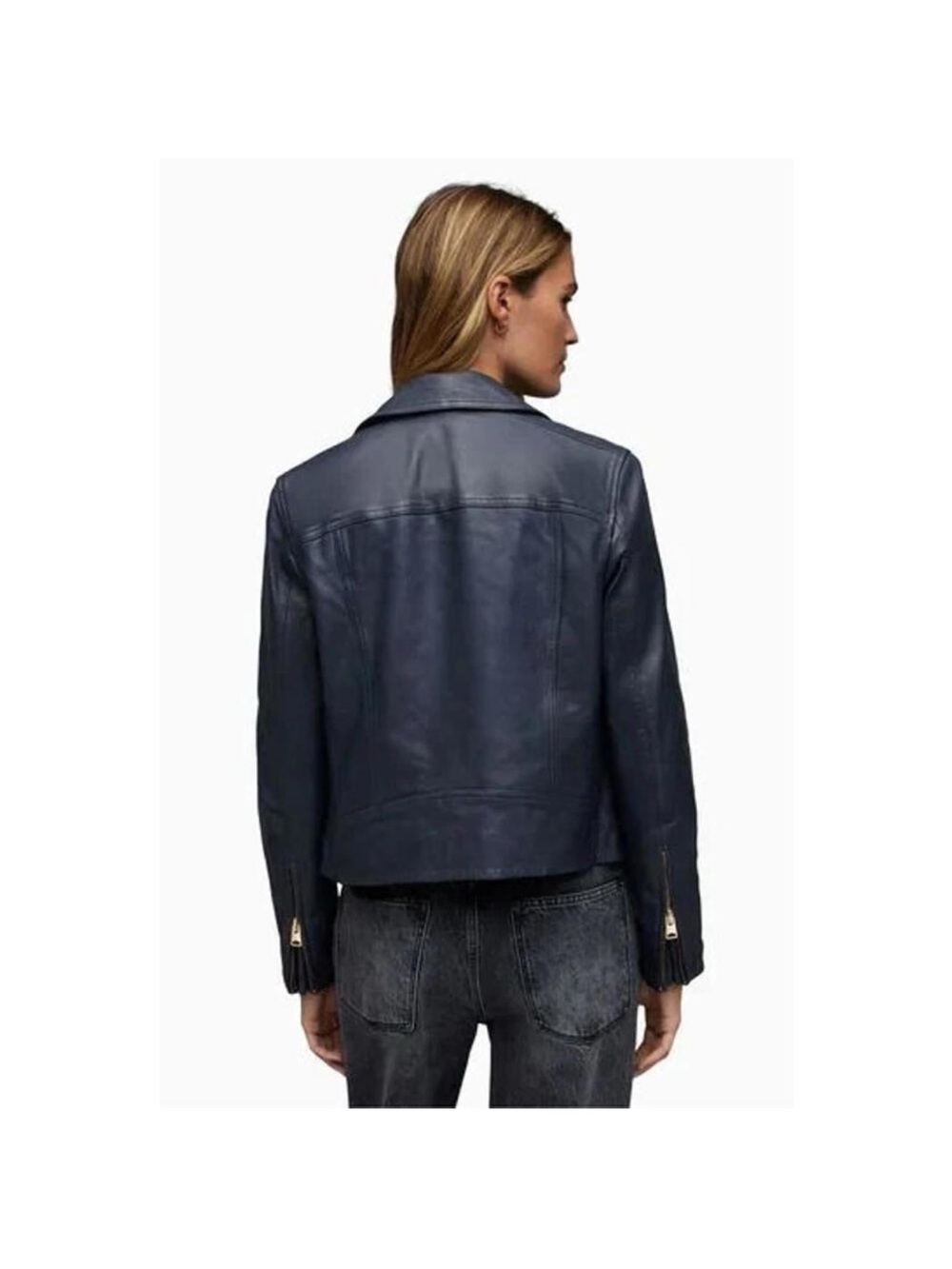 All Saints Dalby Navy Blue Leather Moto Jacket - Picture 2 of 11